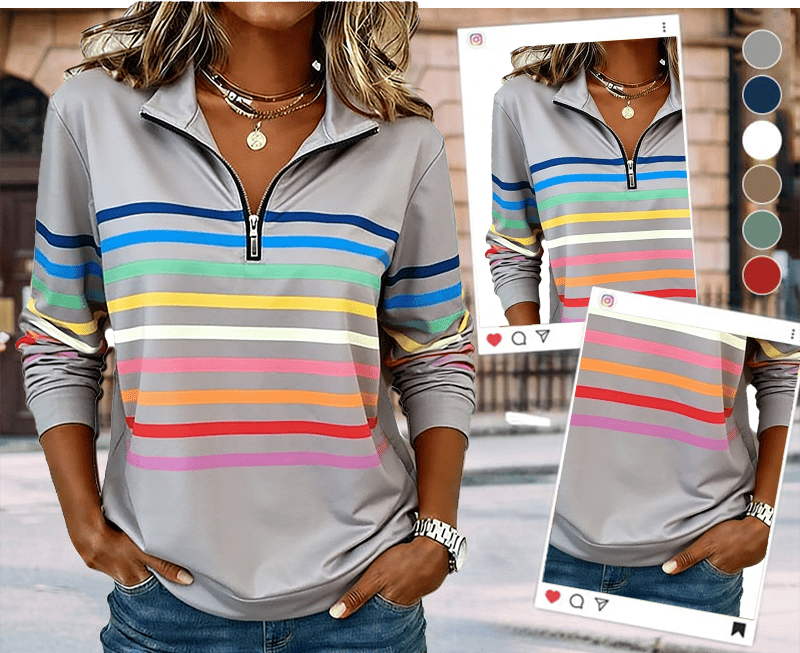 Half-Zip Collar Fashionable Rainbow Striped Sweatshirt
