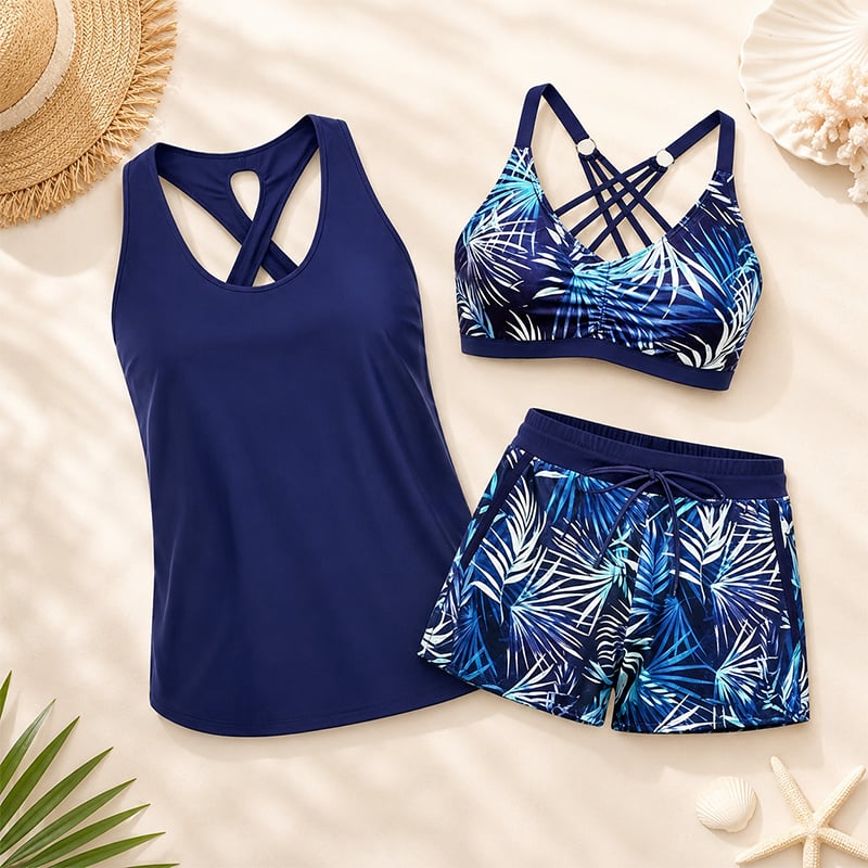 Crisscross Sleeveless Top + Drawstring Printed Pants For Cover-Up And Bikini