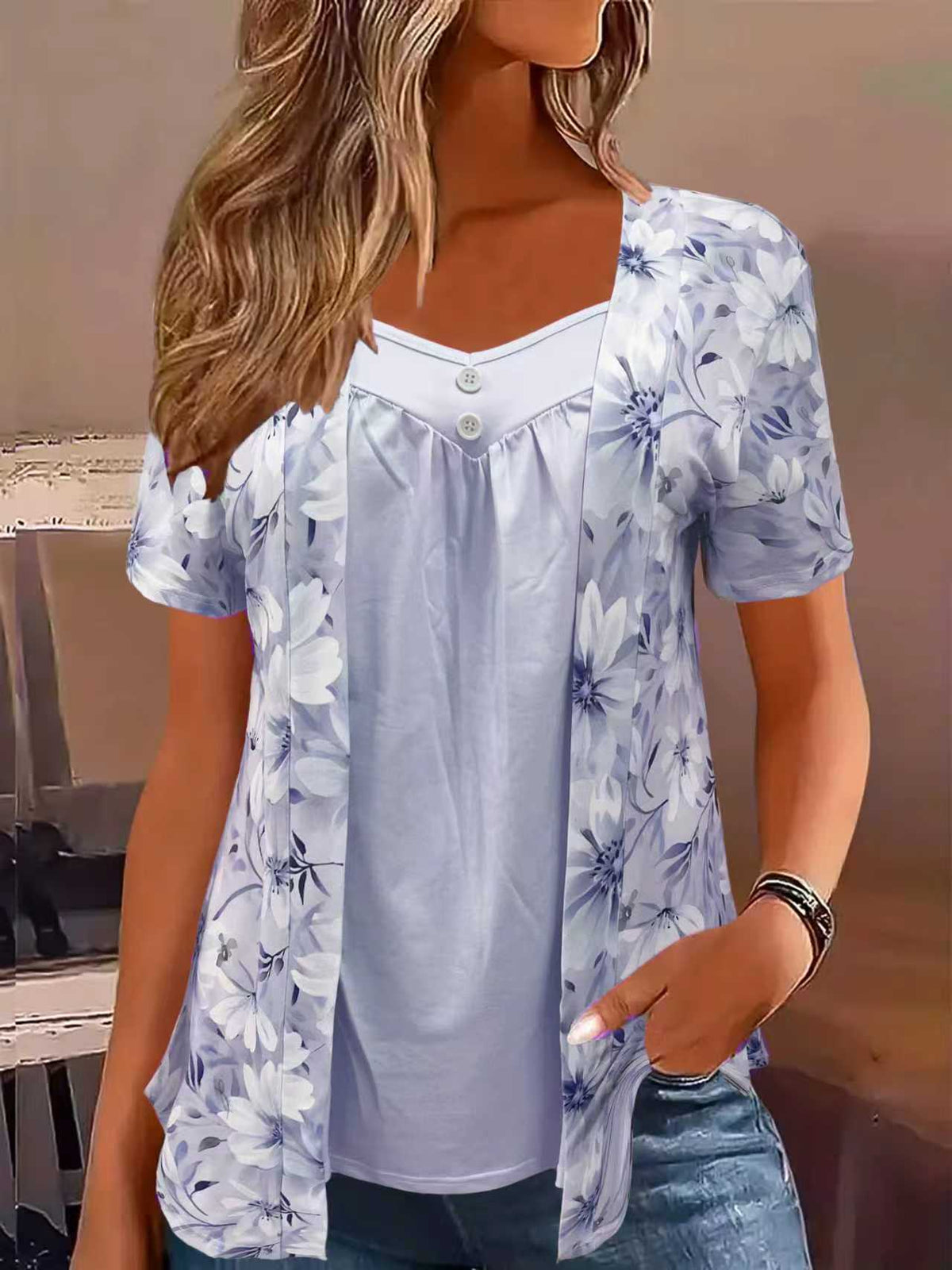Floral Print Faux Two-Piece T-Shirt