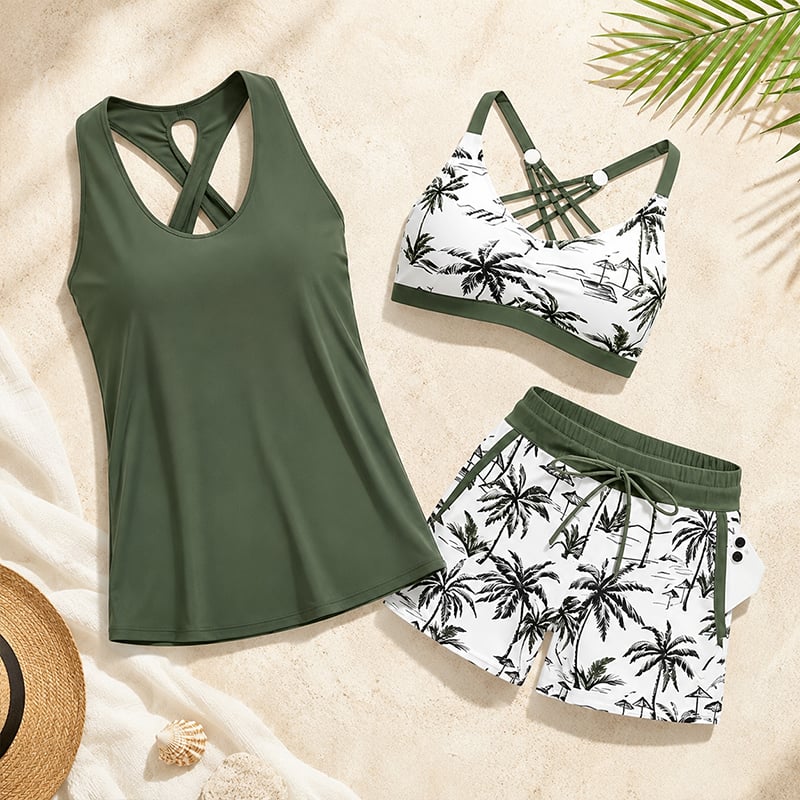 Crisscross Sleeveless Top + Drawstring Printed Pants For Cover-Up And Bikini