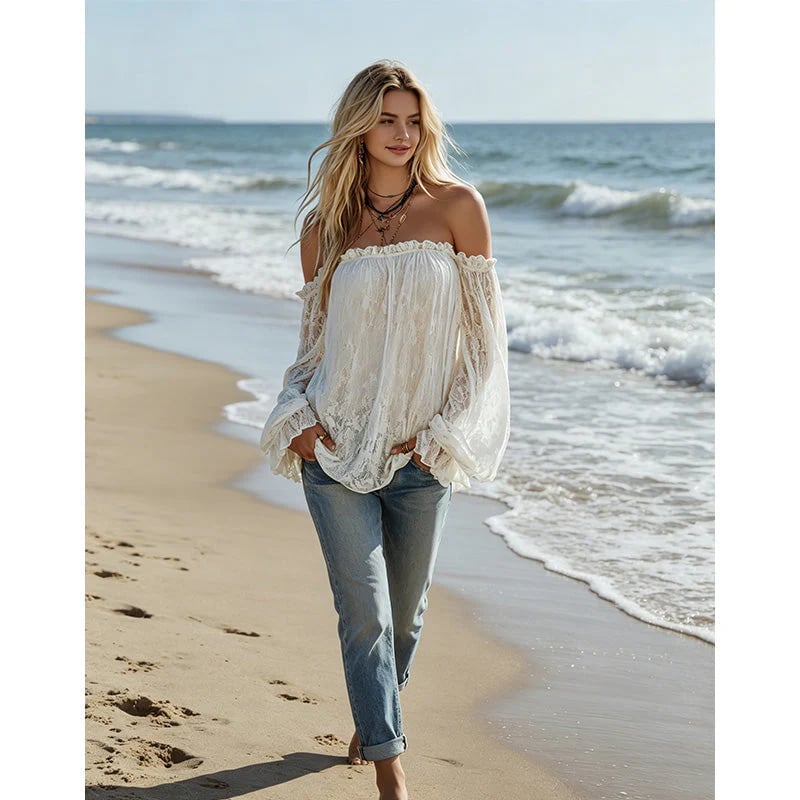 🌸 LIMITED-TIME ! ✨ Women's Bohemian Off-Shoulder Lace Top – Sheer, Flowy, Romantic ☀️