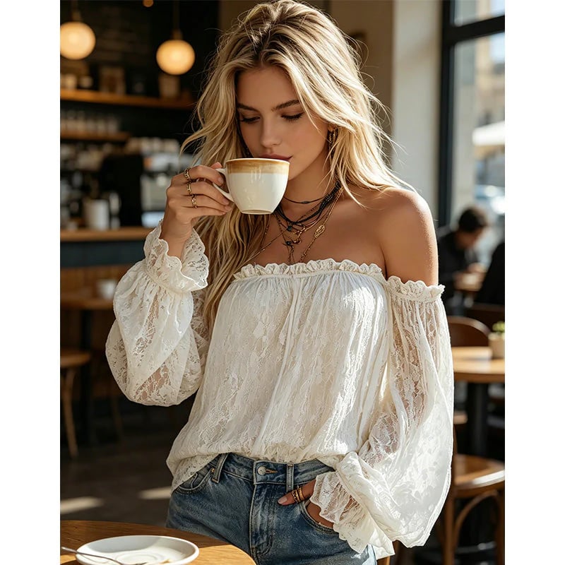 🌸 LIMITED-TIME ! ✨ Women's Bohemian Off-Shoulder Lace Top – Sheer, Flowy, Romantic ☀️