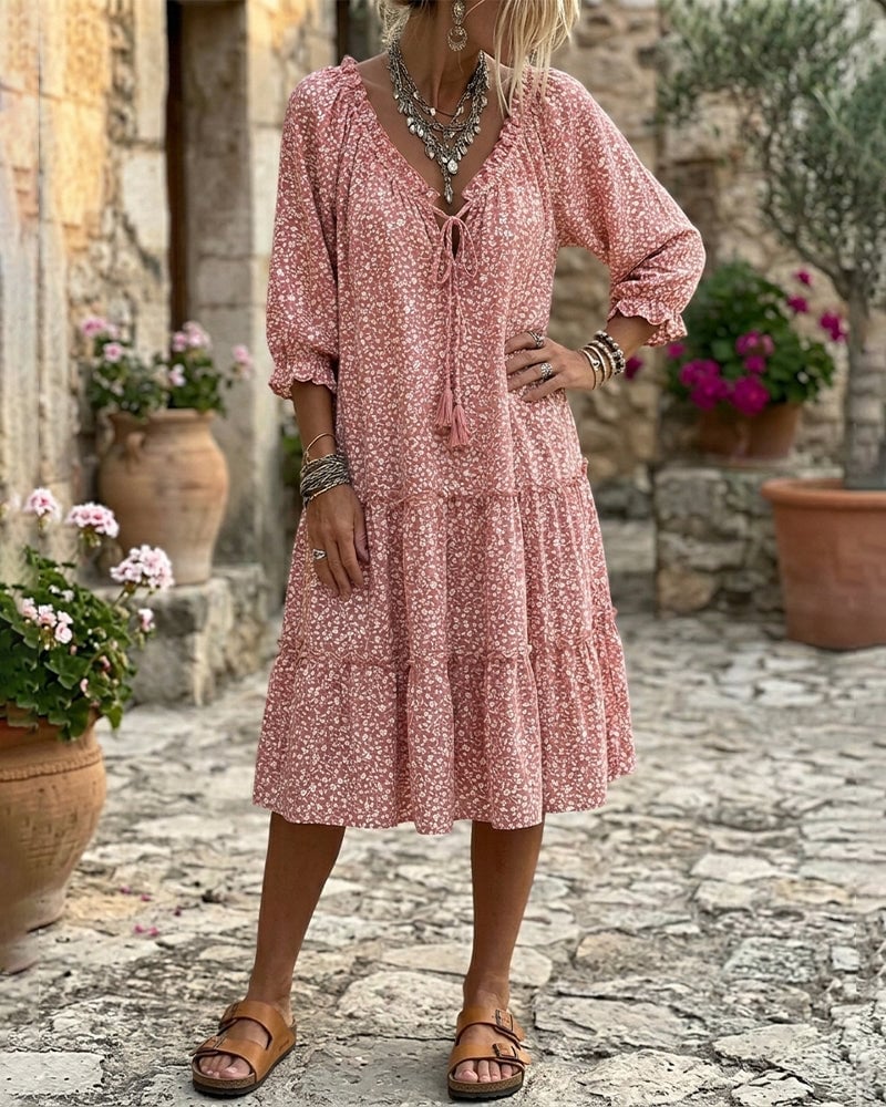 🍃Floral Print Ruffled Tie Dress