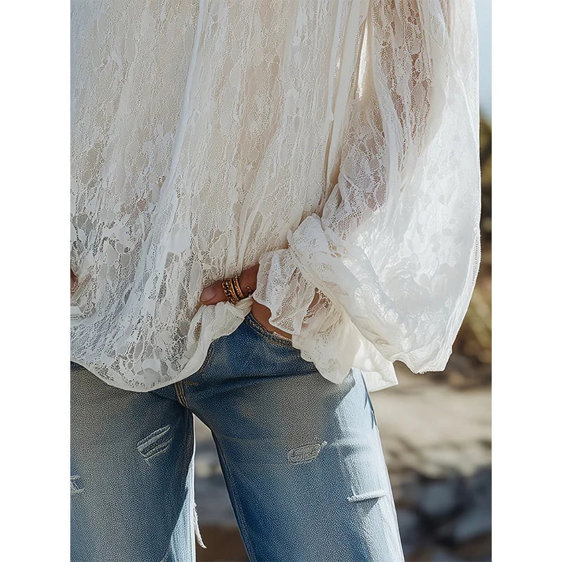 🌸 LIMITED-TIME ! ✨ Women's Bohemian Off-Shoulder Lace Top – Sheer, Flowy, Romantic ☀️