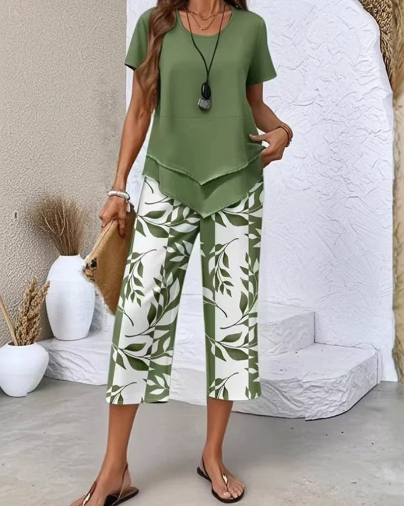 Printed Cropped Pants Casual Two-Piece Set
