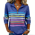Half-Zip Collar Fashionable Rainbow Striped Sweatshirt