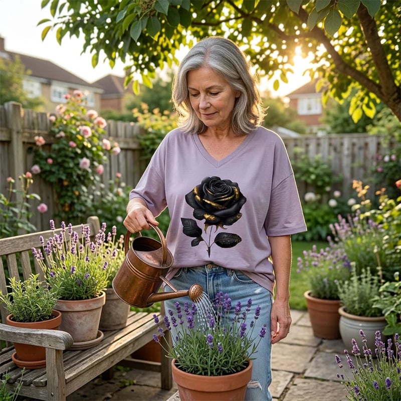 Women's Plus-Size Rose Print V-Neck T-Shirt