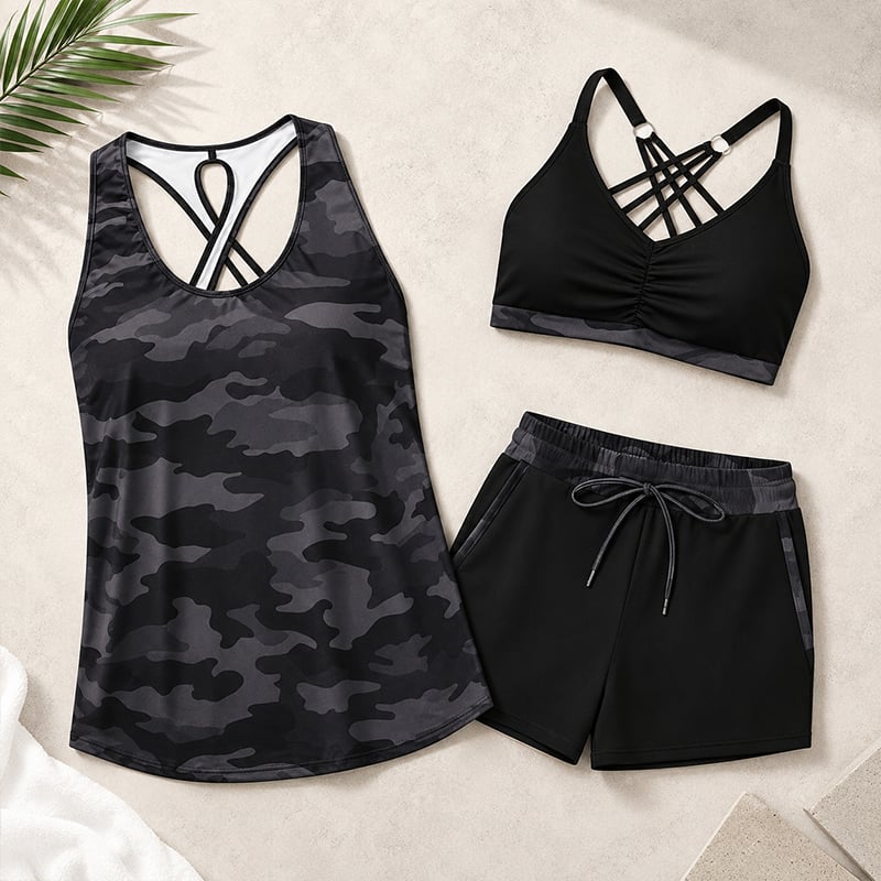 Crisscross Sleeveless Top + Drawstring Printed Pants For Cover-Up And Bikini