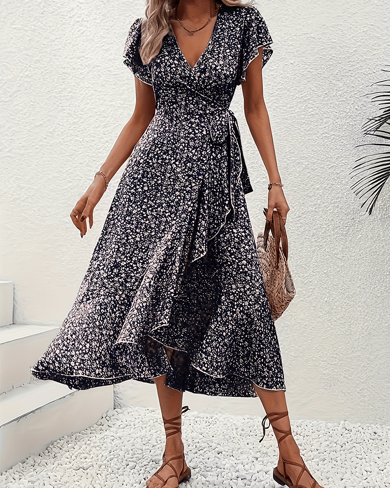 Small Floral Tie-Front Vacation Dress