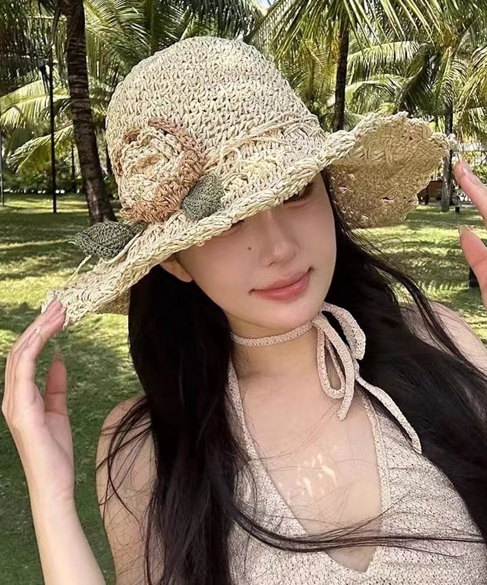 Elegant Crochet Straw Hat with Ruffle Detail