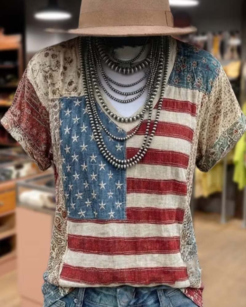 👗V-Neck Short-Sleeve Patchwork T-Shirt