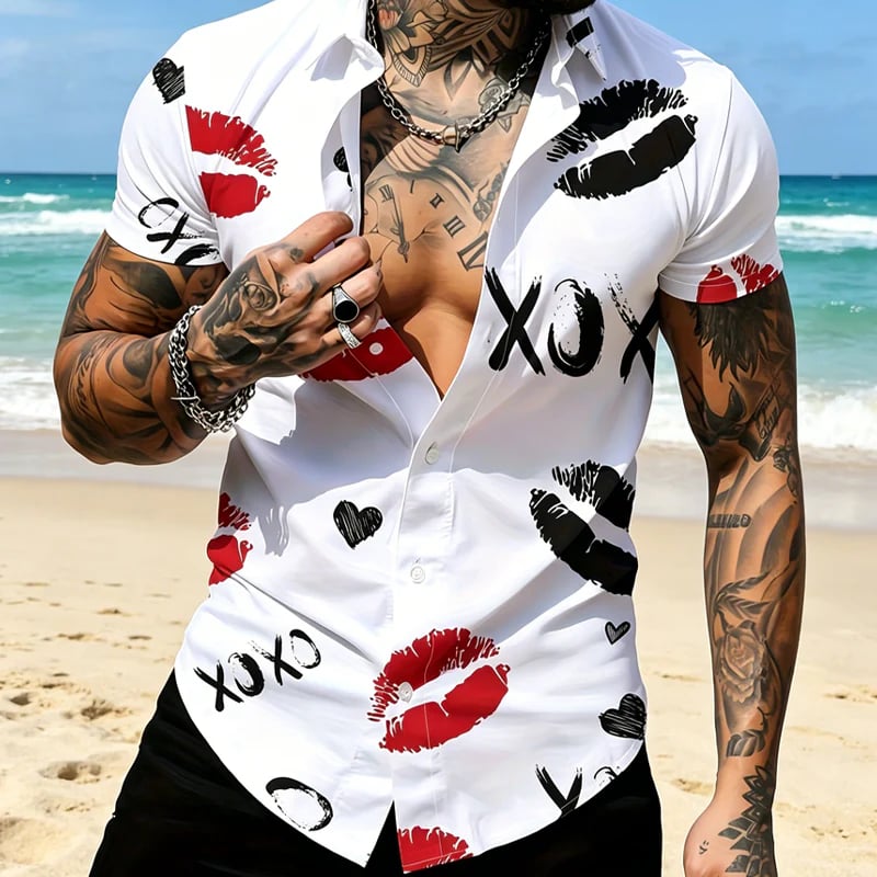 📢📢 !!⏰Men's Kiss Print Short-Sleeve Button-Up Shirt
