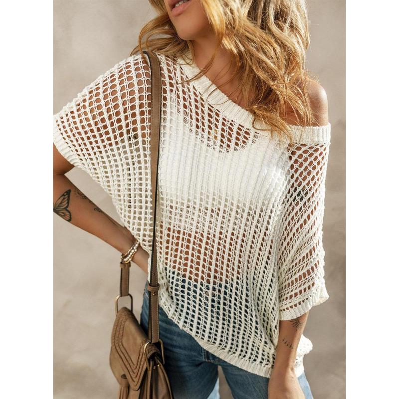 🔥🔥Hot Sale 🎁 Womens Summer Scoop Neck ShortSleeve Sweater Casual Crochet Hollow Out KnitTops