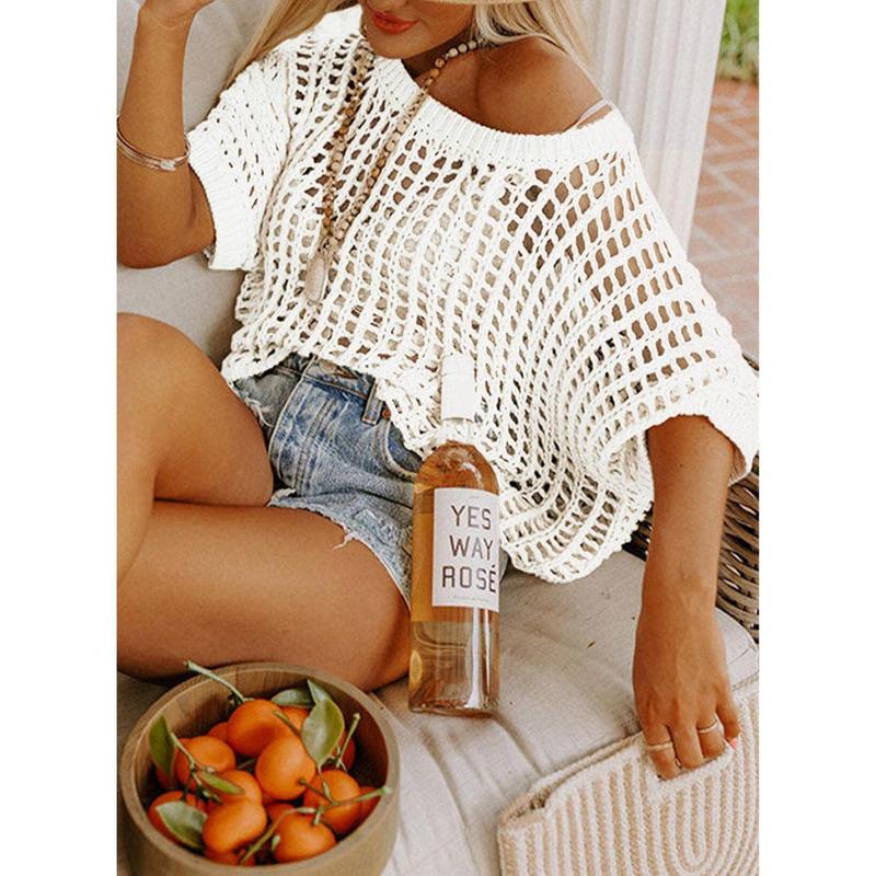 🔥🔥Hot Sale 🎁 Womens Summer Scoop Neck ShortSleeve Sweater Casual Crochet Hollow Out KnitTops