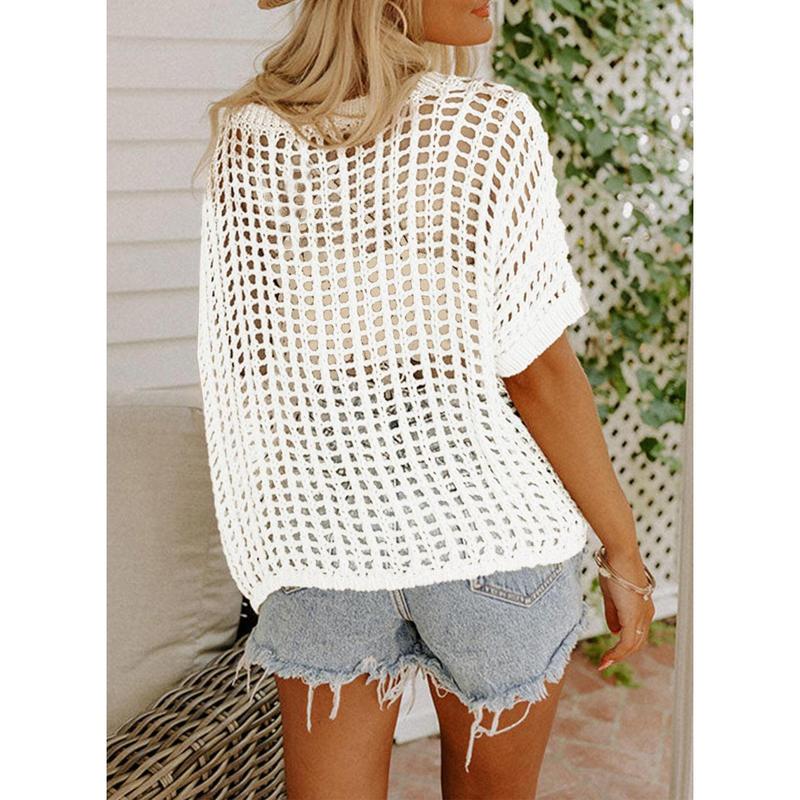 🔥🔥Hot Sale 🎁 Womens Summer Scoop Neck ShortSleeve Sweater Casual Crochet Hollow Out KnitTops