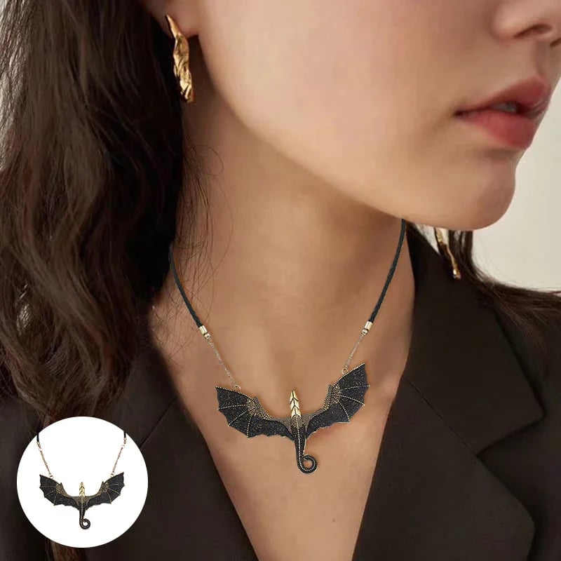 Black winged flying dragon necklace