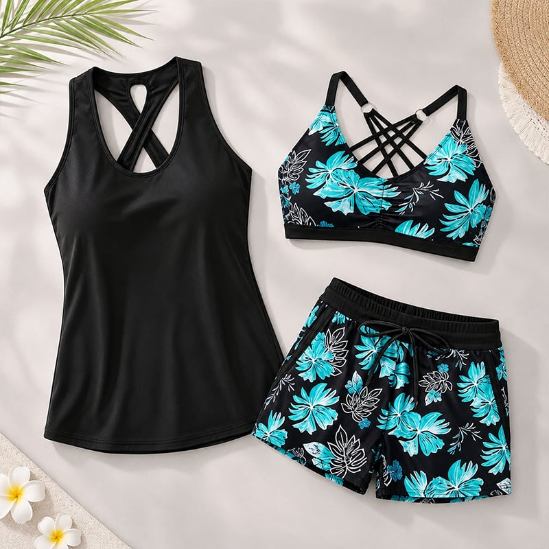 Crisscross Sleeveless Top + Drawstring Printed Pants For Cover-Up And Bikini